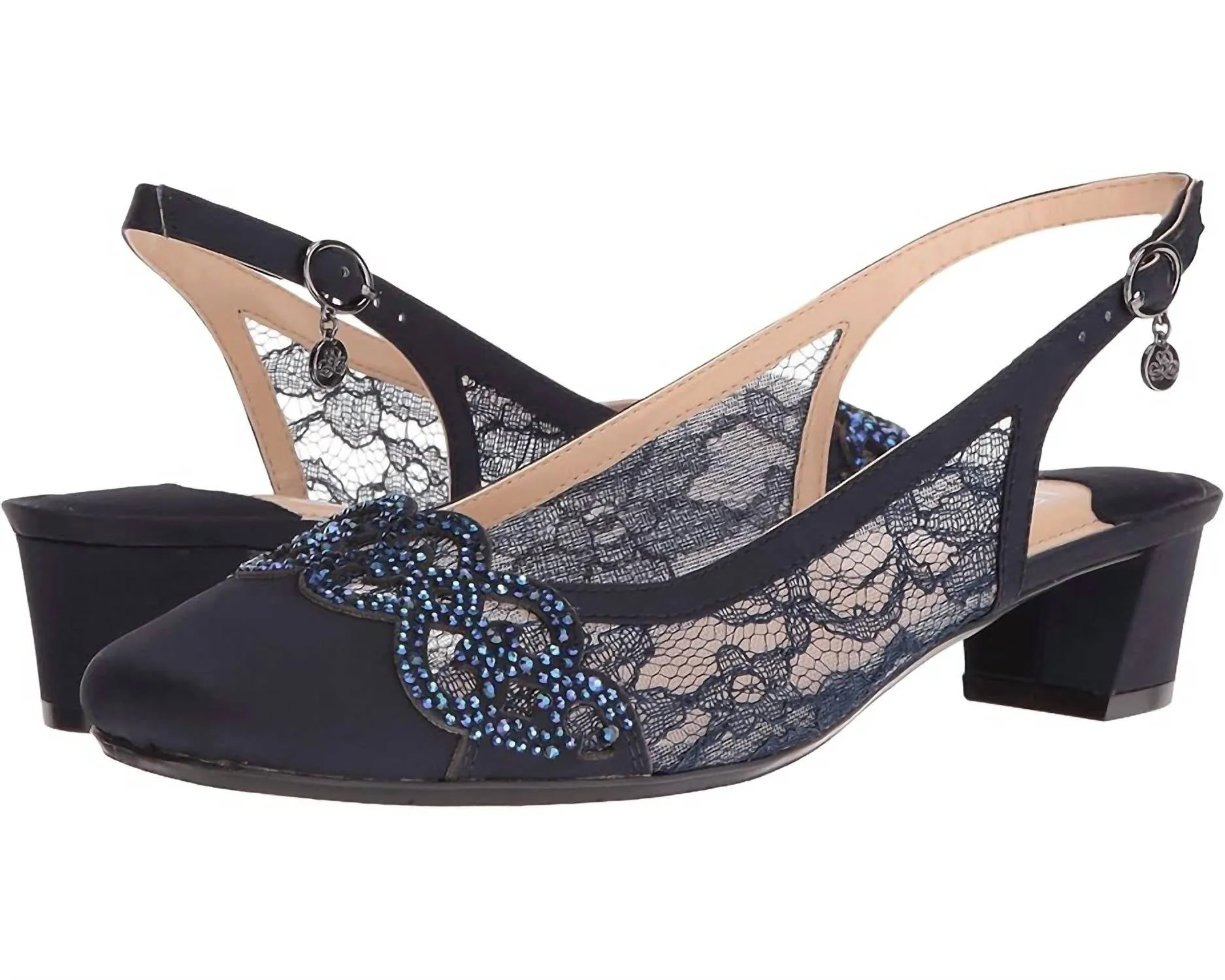 Faleece Low Heel Slingback Pumps In Navy Satin