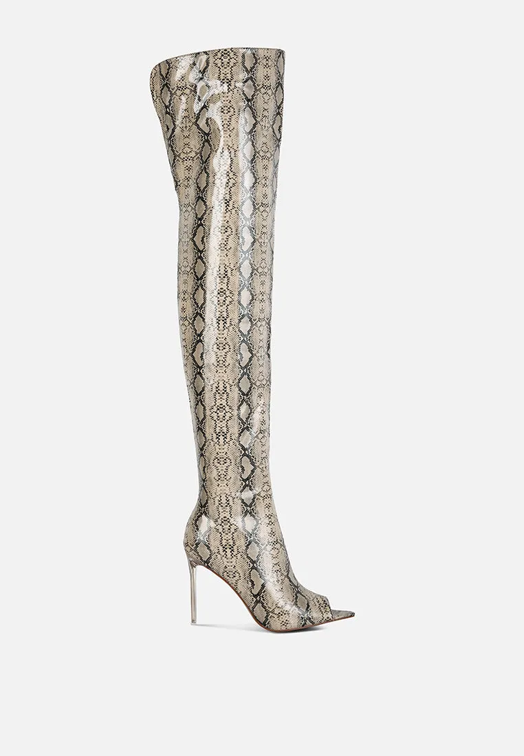 high drama snake print stiletto long boots