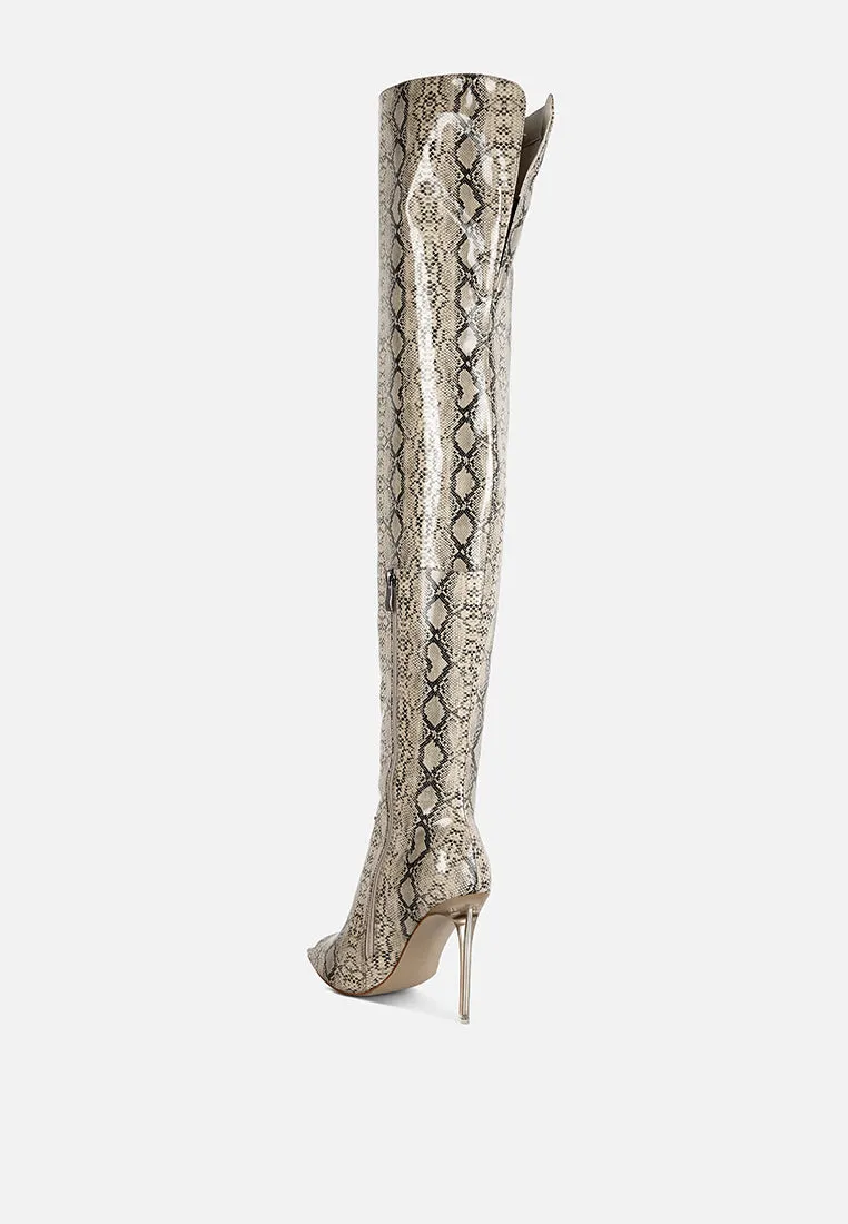 high drama snake print stiletto long boots