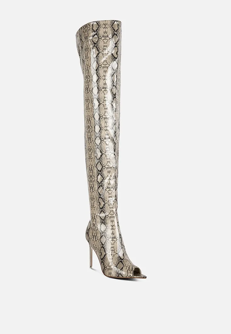 high drama snake print stiletto long boots