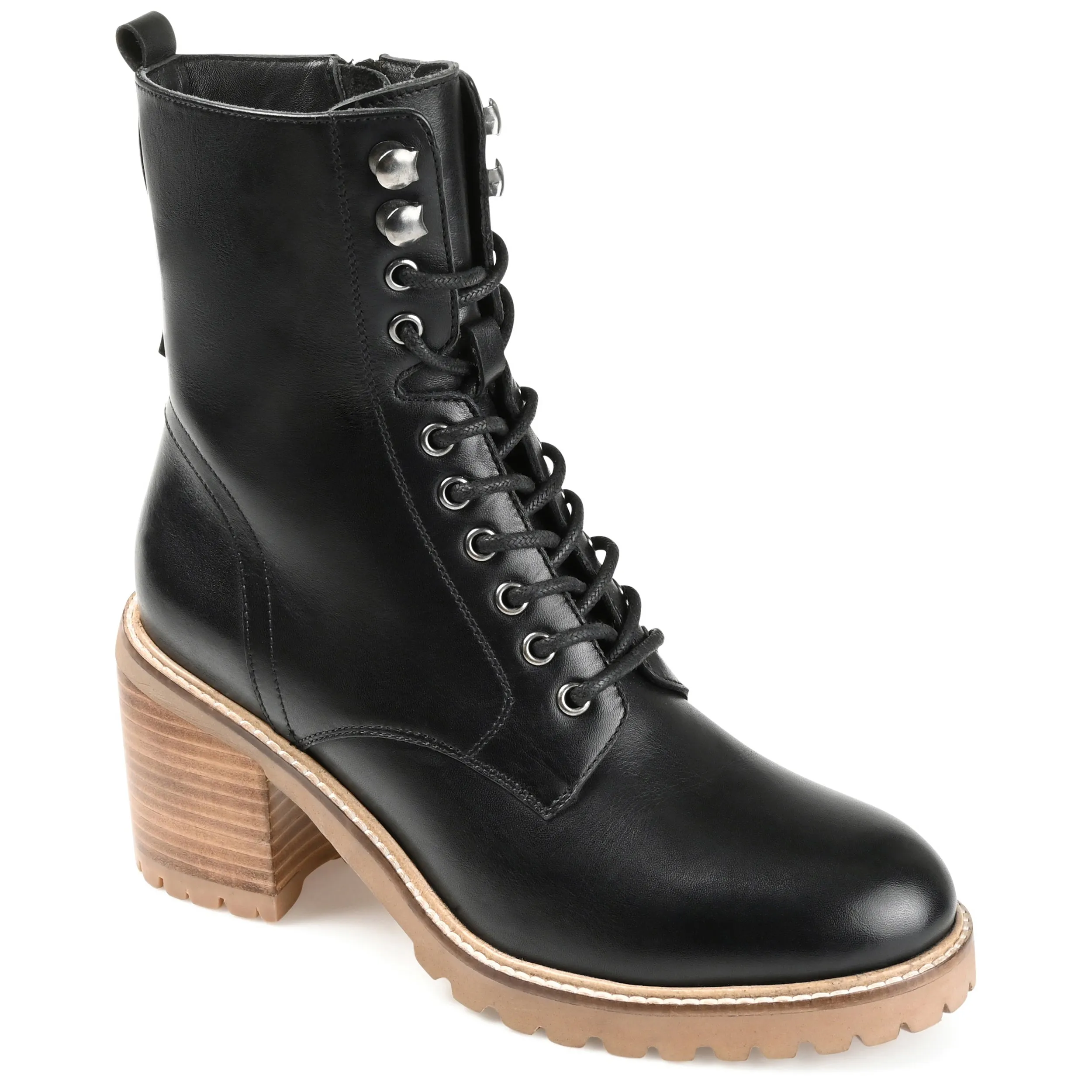 Journee Signature Womens Genuine Leather Malle Round Toe Stacked Combat Booties