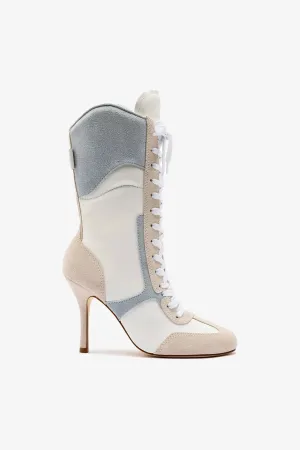 Larroudé x Jonathan Cohen High Heel Sneaker Boot In White Leather, Maya and Mushroom Grey Suede