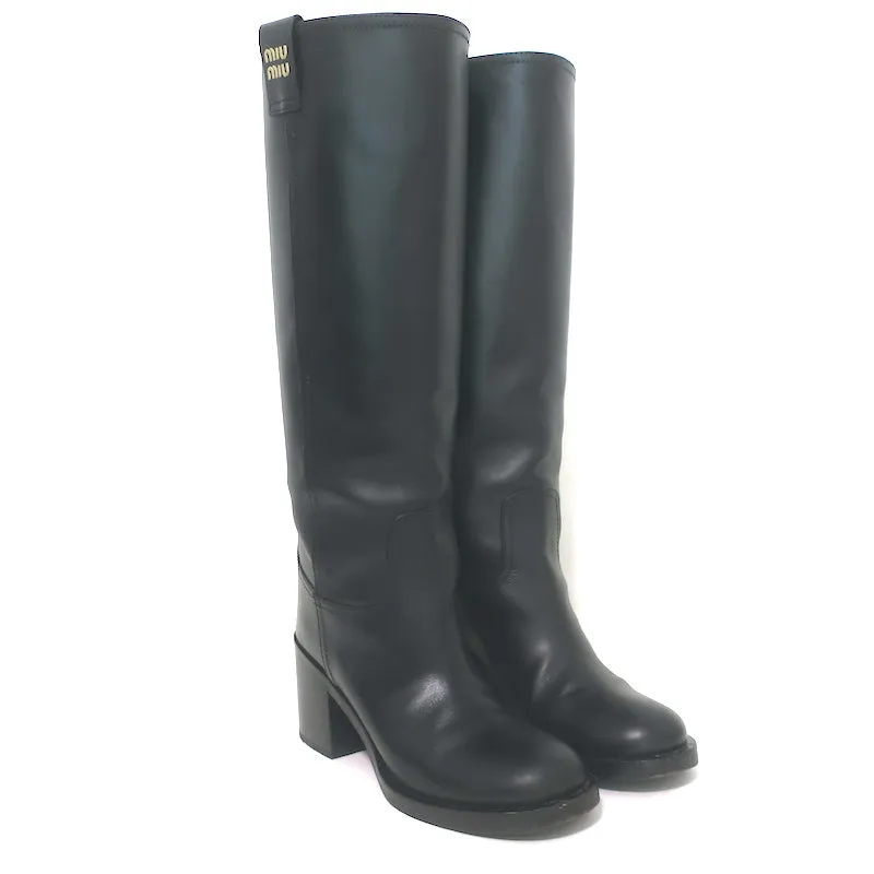 Miu Miu Logo-Detailed Pull-On Knee High Boots Black Leather Size 37