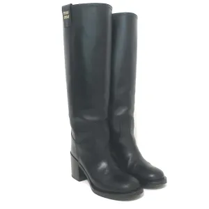 Miu Miu Logo-Detailed Pull-On Knee High Boots Black Leather Size 37