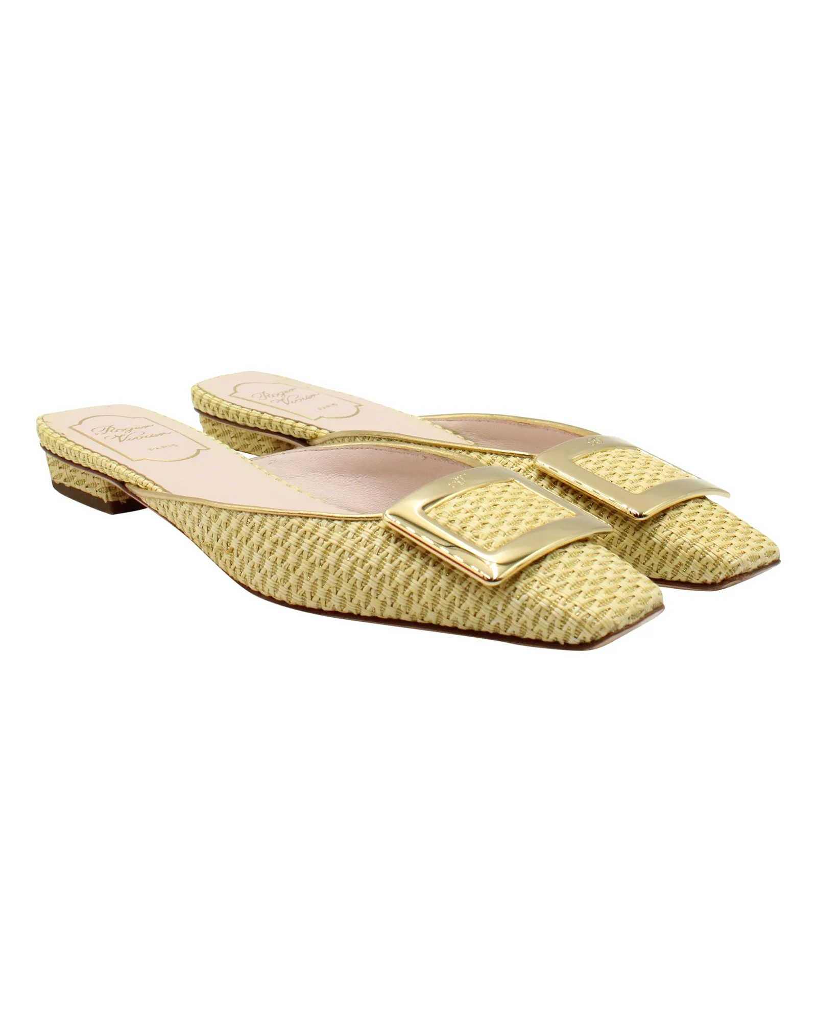 Roger Vivier Belle Vivier Gold Buckle Mules in Yellow Tweed