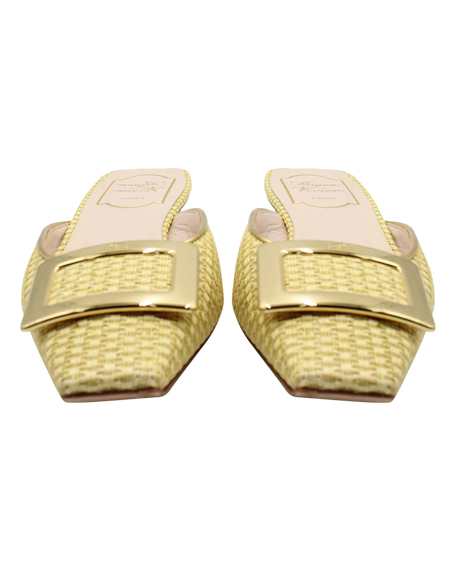 Roger Vivier Belle Vivier Gold Buckle Mules in Yellow Tweed