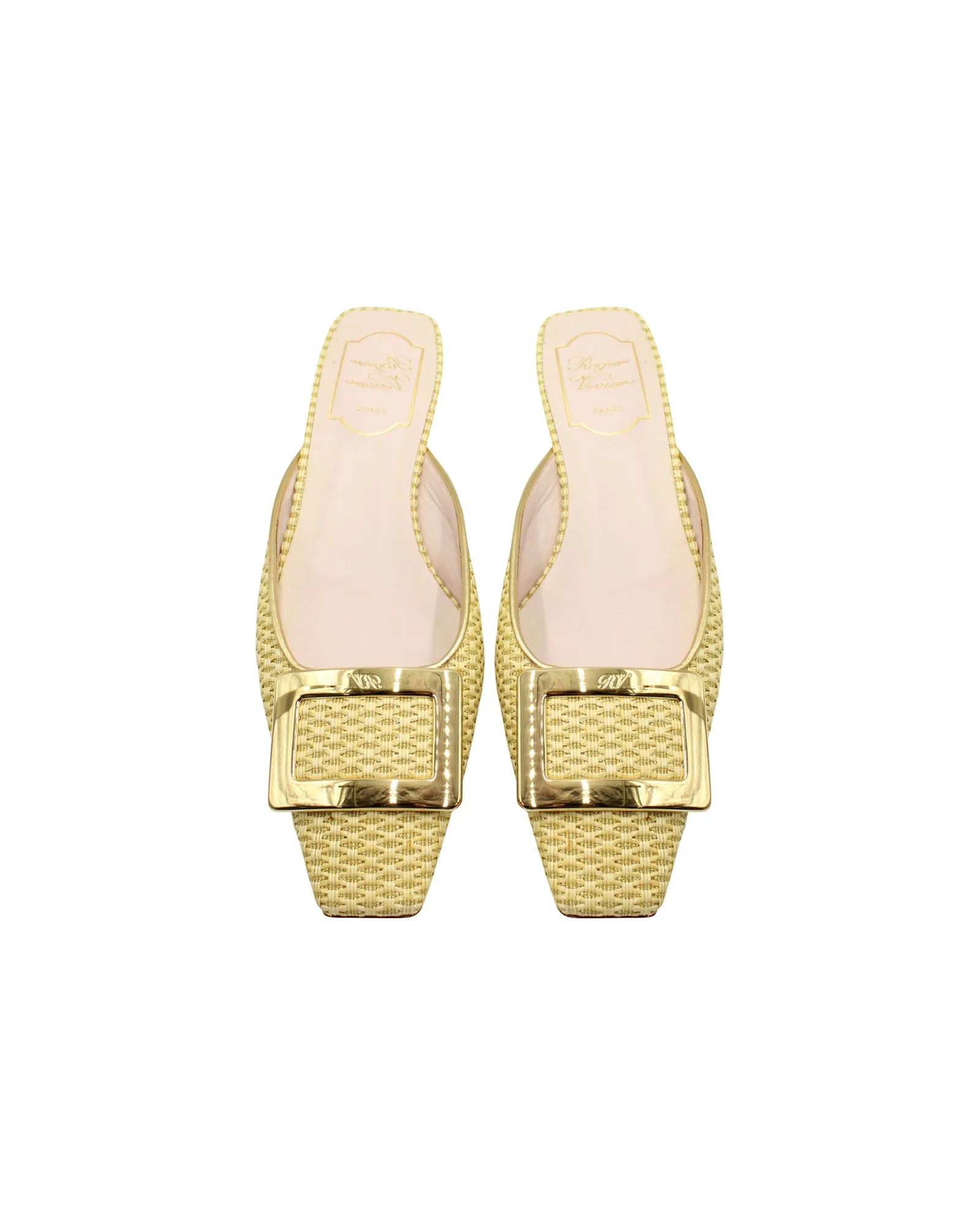 Roger Vivier Belle Vivier Gold Buckle Mules in Yellow Tweed