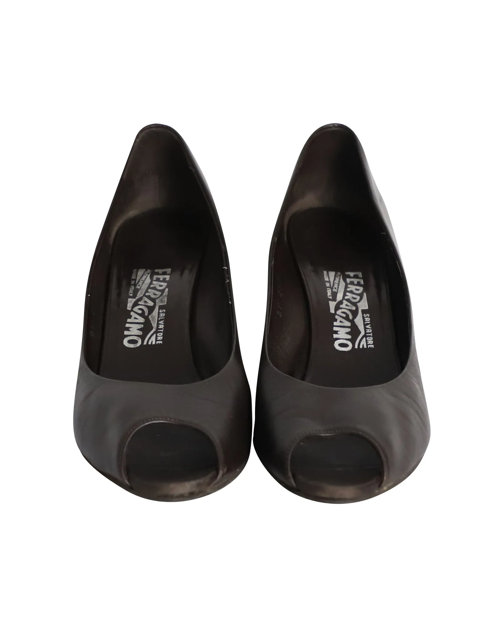 Salvatore Ferragamo Peep-toe Wedge Pumps in Brown Leather