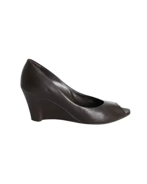 Salvatore Ferragamo Peep-toe Wedge Pumps in Brown Leather