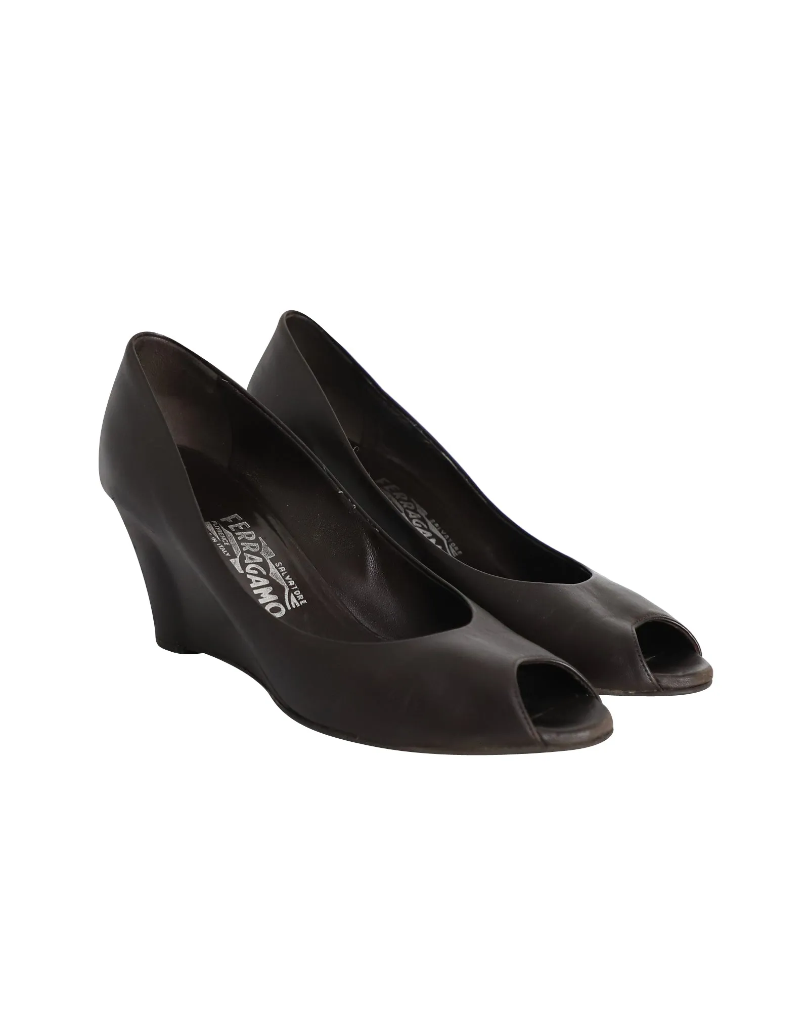Salvatore Ferragamo Peep-toe Wedge Pumps in Brown Leather