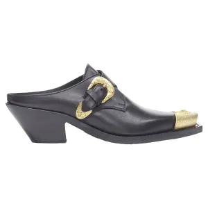 Versace Leather Gold Medusa Toe Western Buckle Cuban Mule