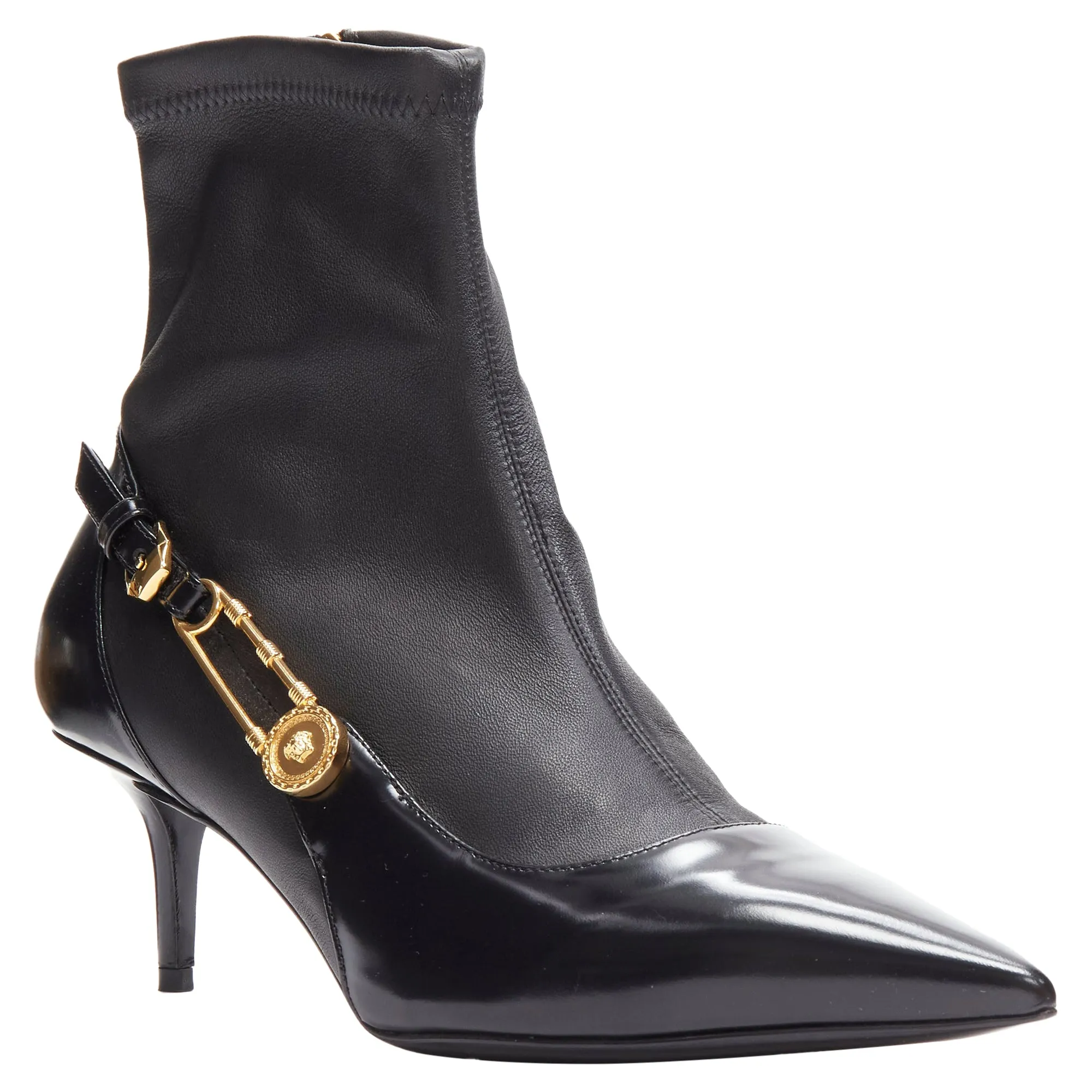 Versace Medusa Punk Safety Pin leather kitten heel bootie