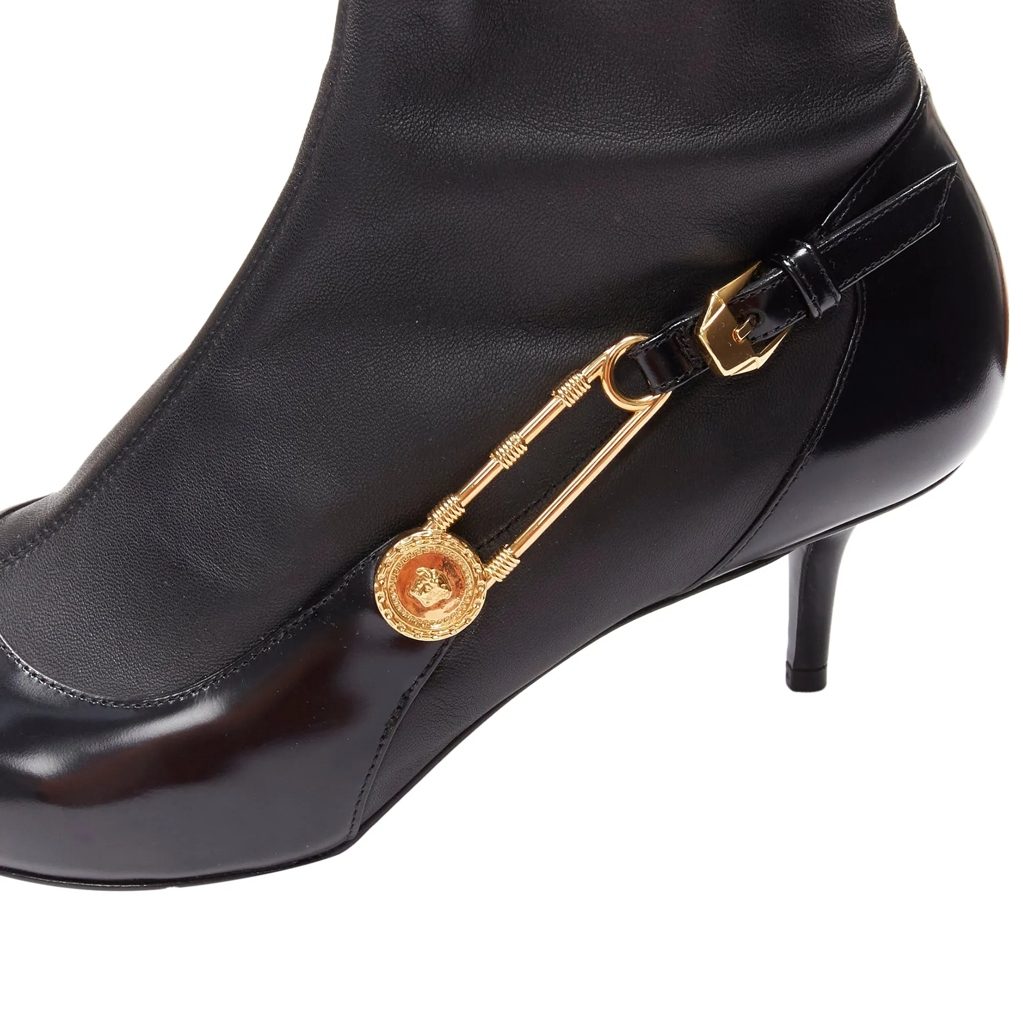 Versace Medusa Punk Safety Pin leather kitten heel bootie